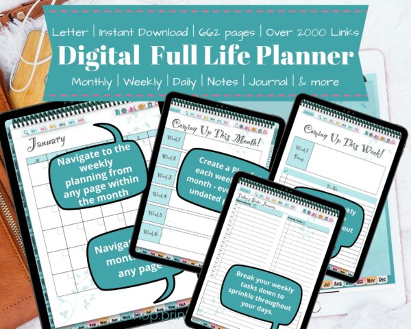 Undated Digital Planner - Monthly, weekly, daily, goals, budget, health planner