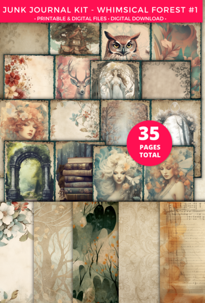 Whimsical Forest Junk Journal Printable Kit, Vintage Fairytale Shabby Chic Ephemera, Digital Scrapbooking Paper, Fantasy Grungy