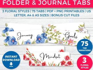 Floral Planner, Folder & Journal Tabs Printable
