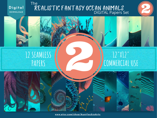 DIGITAL PAPER Bundle - Set 002 - Realistic Fantasy Ocean Animals - Papers Pack 12 - 12x12 - jpg png - 5000px Abstract