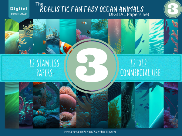 DIGITAL PAPER Bundle - Set 003 - Realistic Fantasy Ocean Animals - Papers Pack 12 - 12x12 - jpg png - 5000px Abstract