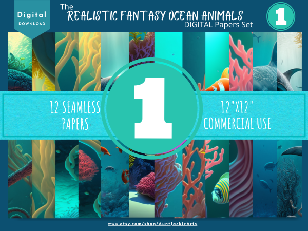 DIGITAL PAPER Bundle - Set 001 - Realistic Fantasy Ocean Animals - Papers Pack 12 - 12x12 - jpg png - 5000px Abstract