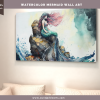 Digital WALL ART - Pretty Watercolor Mermaid on a Rock in the Ocean - pdf, jpg - 5 Aspect Ratios / Sizes - Bonuses