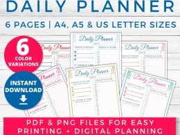 Printable Daily Planner - Minimal with 6 Color Variations