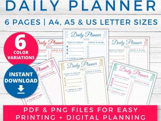 Printable Daily Planner - Minimal with 6 Color Variations