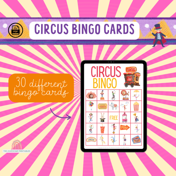 CIRCUS BINGO ACTIVITY, 30 different bingo cards for each child, super easy to print and use, fun for the whole family as well as party games - Image 9