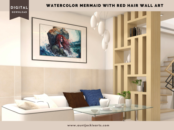 Digital WALL ART - Pretty Red-Headed Watercolor Mermaid on a Rock in the Ocean - pdf, jpg - 5 Aspect Ratios / Sizes - Bonuses - Image 11