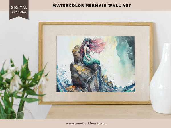 Digital WALL ART - Pretty Watercolor Mermaid on a Rock in the Ocean - pdf, jpg - 5 Aspect Ratios / Sizes - Bonuses - Image 10