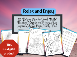 100 Relaxing Number Search Digital Download Puzzles and 5 Bonus Dog Inspired Coloring Pages Activity Pack