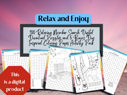 100 Relaxing Number Search Digital Download Puzzles and 5 Bonus Dog Inspired Coloring Pages Activity Pack