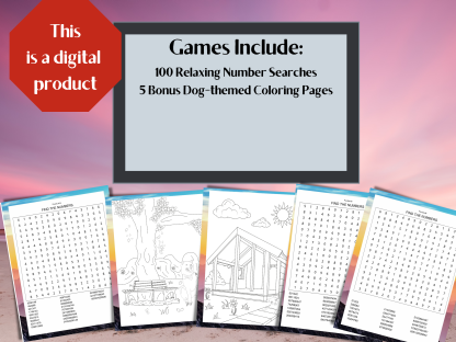 100 Relaxing Number Search Digital Download Puzzles and 5 Bonus Dog Inspired Coloring Pages Activity Pack - Image 2