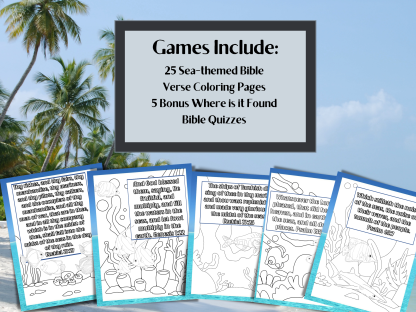 25 Sea Themed Bible Verse Printable Scripture Coloring Pages and 4 Bonus Where is it Found Bible Quiz - Image 2