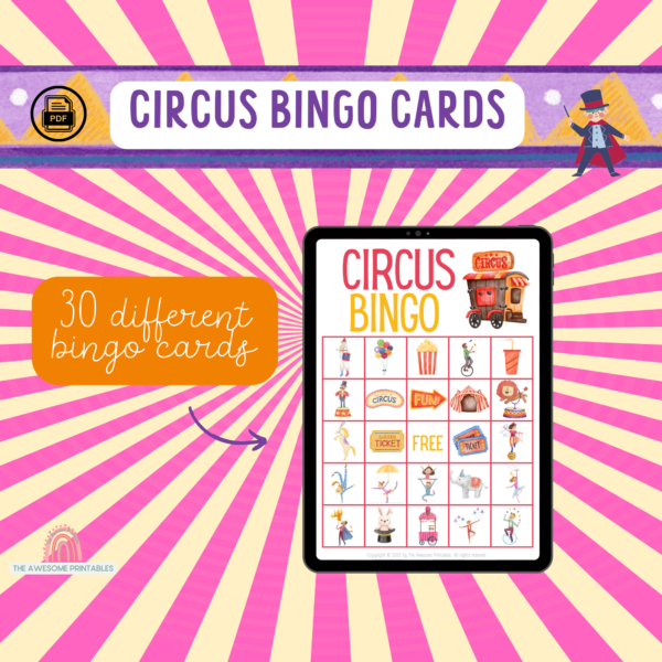 CIRCUS BINGO ACTIVITY, 30 different bingo cards for each child, super easy to print and use, fun for the whole family as well as party games - Image 11
