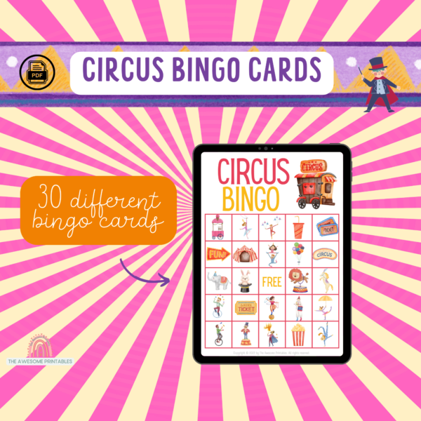CIRCUS BINGO ACTIVITY, 30 different bingo cards for each child, super easy to print and use, fun for the whole family as well as party games - Image 13