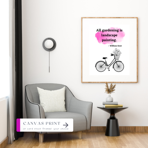 living room mock up with gardening quote printable on a wildflower farmhouse design - bicycle