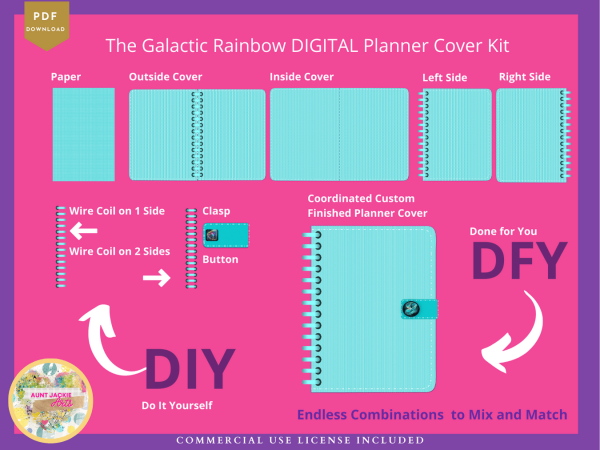 DIGITAL Planner COVER KIT Bundle | Galactic Rainbow Collection: 10 Designs - Covers, Papers, Coils, Buttons, Clasps, Mix & Match Commercial - Image 3