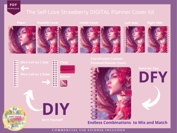 DIGITAL Planner COVER KIT | Self-Love Strawberry Cover Kit : 4 Designs - Covers, Papers, Coils, Buttons, Clasps, Mix & Match Commercial Use - Image 2