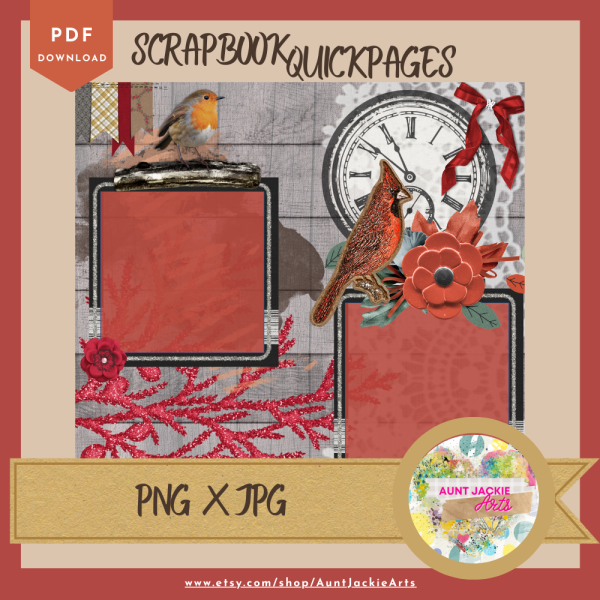 DIGITAL SCRAPBOOK Page - Winter Red Bird Digital Scrapbook Layout - Pre-Made Shabby Vintage Quick Page Layout, Pack 4 - jpg png 12 x 12 - Image 6