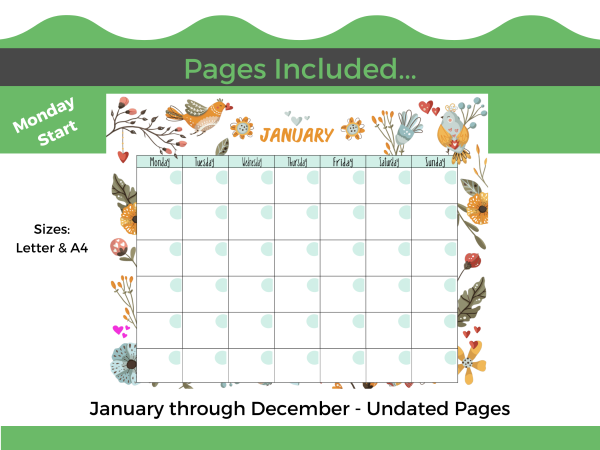 Undated Printable Monthly Calendar in Cute Love Bird Design - Image 2