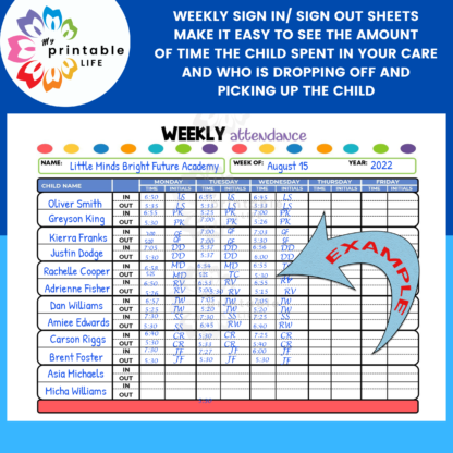 Weekly Attendance Sign-in Sign-out for 12 Students Printable Form - Image 2