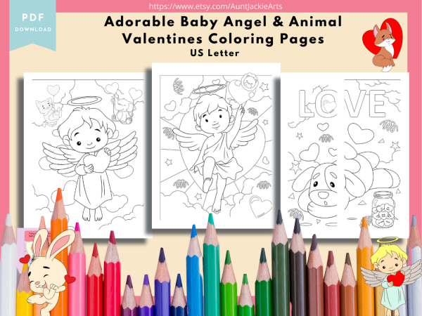 PRINTABLE COLORING Pages | Adorable Baby Angel and Animal Valentines Coloring Pages, 34 Pages, US Letter Coloring Book, 34 Pages Letter - Image 2