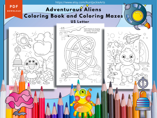 PRINTABLE COLORING Pages | Adventurous Aliens Coloring Pages and Mazes, 30 Coloring, 10 Mazes, US Letter Coloring Book, 45 Pages, Aliens - Image 2