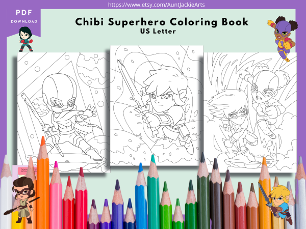 PRINTABLE COLORING Pages | Chibi Superhero Coloring Book, 34 Pages, Chibi, Kawaii, US Letter Coloring Book, 34 Pages, Superheros, Boys, Girls, US Letter - Image 2