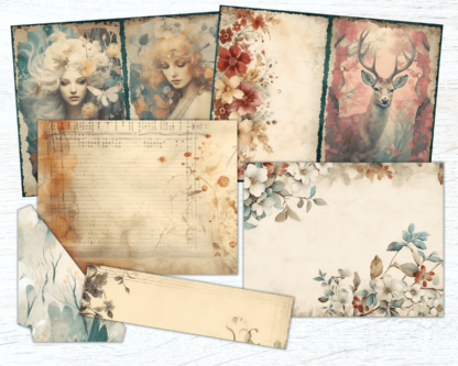 Whimsical Forest Junk Journal Printable Kit, Vintage Fairytale Shabby Chic Ephemera, Digital Scrapbooking Paper, Fantasy Grungy - Image 2