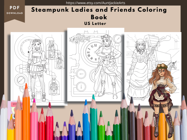 PRINTABLE COLORING Pages | Steampunk Ladies and Friends Coloring Book, 55 Pages, Steampunk, Animals, US Letter Coloring Book, 55 Pages, Ladies, Animals, US Letter - Image 3