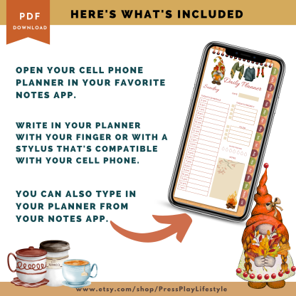 2023 Gnome Autumn DIGITAL PHONE Planner - HyperLinked Monthly Daily Meal Planner Notes - 33 Pages - GoodNotes, Noteshelf, Xodo, Notability - Image 8