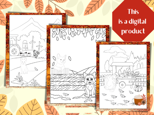 30 Cats and Friends Fall-Themed Animal Coloring Pages Digital Download - Image 3