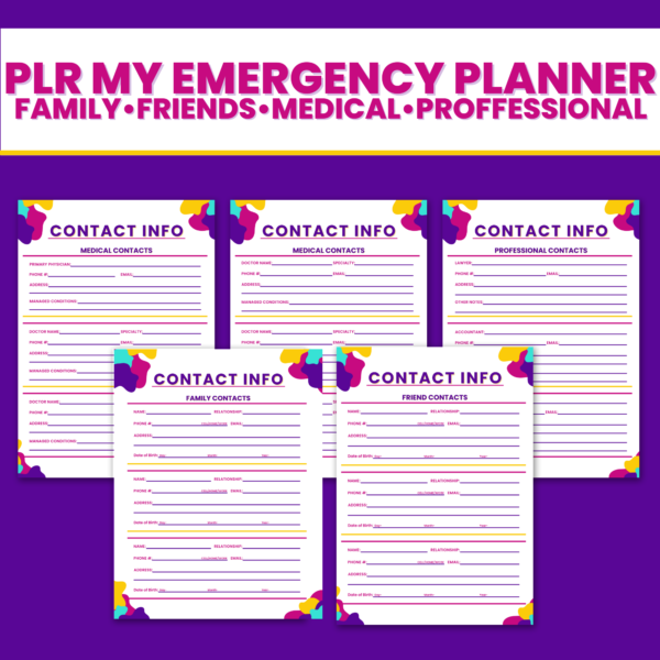 PLR My Emergency Planner- family, friends, medical & professional contact info