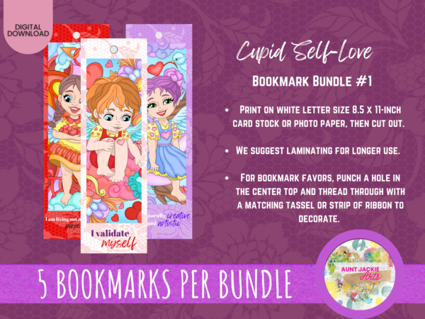 PRINTABLE BOOKMARK Bundle #1 - Set of 5 - Cupid Self-Love Bookmark Bundle #1 - Self-Love Tips - US Letter - Digital Download For Readers - Image 5