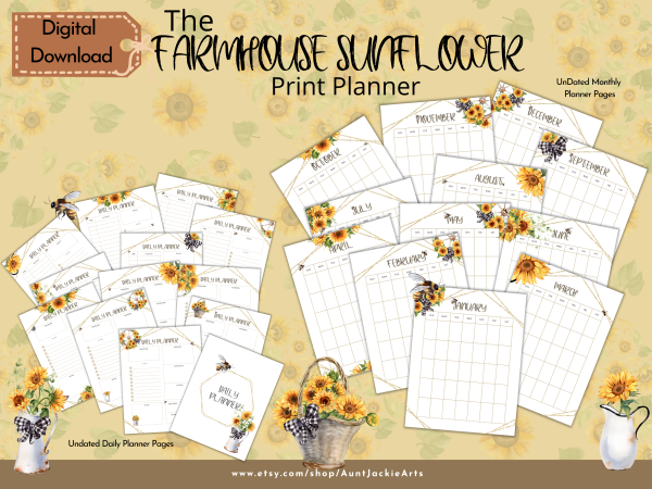 2023 Dated Undated Print PLANNER, Farmhouse Sunflower Daily, Weekly, Monthly, Coloring, Digital Sticker, Sticker book, Journal Pages, Letter - Image 3