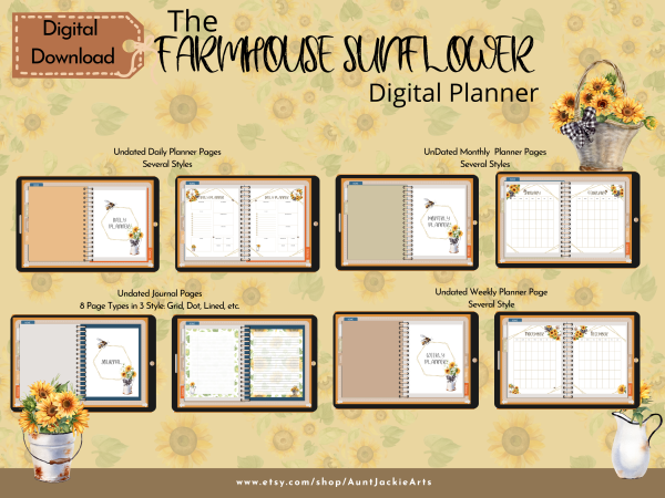 2023 Dated Undated Digital PLANNER, Farmhouse Sunflower Daily, Weekly, Monthly, Coloring, Digital Sticker, Sticker book, Journal Pages, Letter - Image 3
