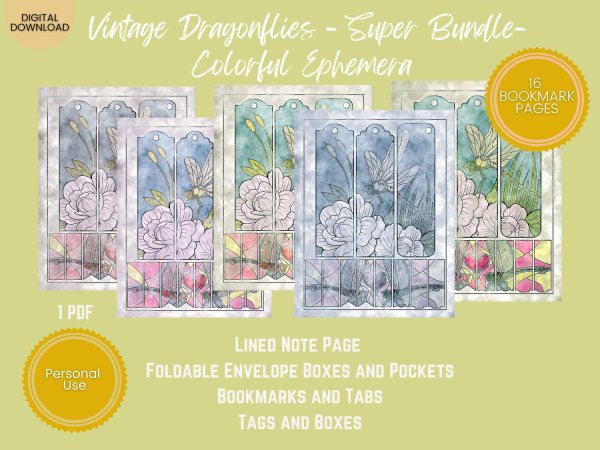 PRINTABLE EPHEMERA - Vintage Dragonflies - Super Bundle - Colorful Ephemera - Tags, Postcard, Envelope, Bookmarks, Lined, Notes, Tabs, Pockets US Letter Download - Image 3