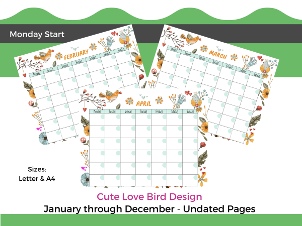 Undated Printable Monthly Calendar in Cute Love Bird Design - Image 3