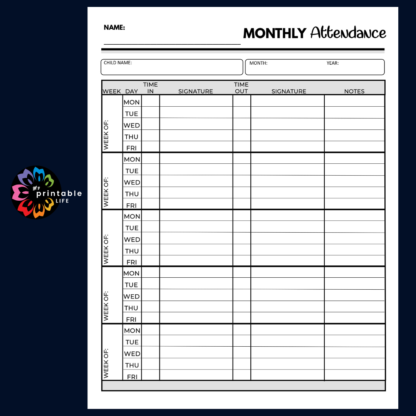Monthly Attendance Form Sign-In Sign-Out Sheet Event Printable, Afterschool Activity, Instant Download, Digital File - Image 4