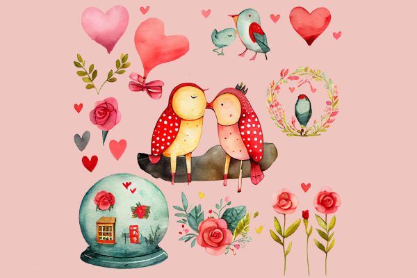 Valentine's Day Folk Watercolor Clipart - Image 3