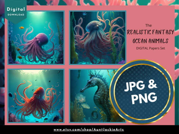 DIGITAL PAPER Bundle - Set 002 - Realistic Fantasy Ocean Animals - Papers Pack 12 - 12x12 - jpg png - 5000px Abstract - Image 3