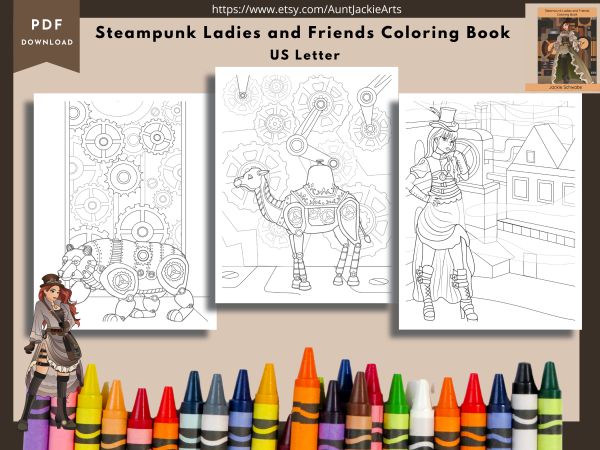 PRINTABLE COLORING Pages | Steampunk Ladies and Friends Coloring Book, 55 Pages, Steampunk, Animals, US Letter Coloring Book, 55 Pages, Ladies, Animals, US Letter - Image 4