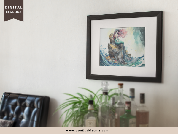 Digital WALL ART - Pretty Watercolor Mermaid on a Rock in the Ocean - pdf, jpg - 5 Aspect Ratios / Sizes - Bonuses - Image 3