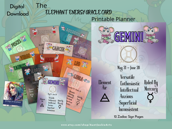 Undated Print PLANNER, Elephant Energy Oracle Card Planner, 12 Monthly Pages, 3 Card Spreads, 12 Zodiac Pages, US Letter, 31 Pages - Image 4