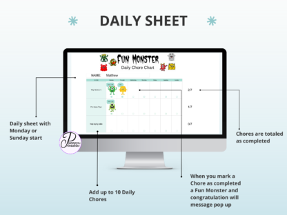 Fun Monster Chore Chart for kids Google Sheets Spreadsheet chore tracker - Image 4