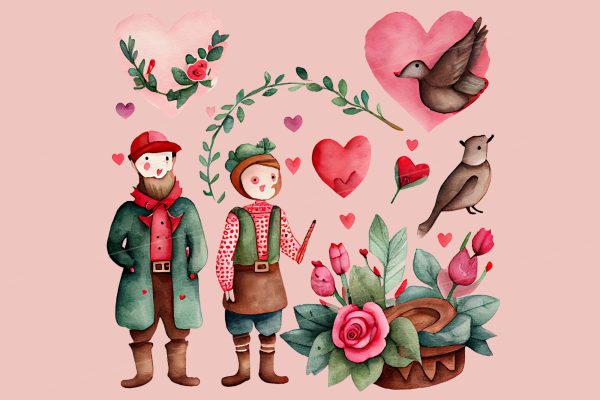 Valentine's Day Folk Watercolor Clipart - Image 4