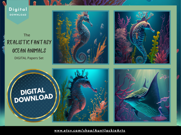 DIGITAL PAPER Bundle - Set 002 - Realistic Fantasy Ocean Animals - Papers Pack 12 - 12x12 - jpg png - 5000px Abstract - Image 4