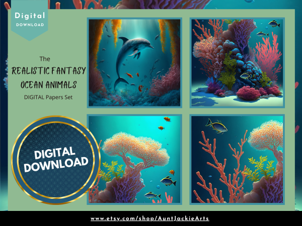 DIGITAL PAPER Bundle - Set 001 - Realistic Fantasy Ocean Animals - Papers Pack 12 - 12x12 - jpg png - 5000px Abstract - Image 4