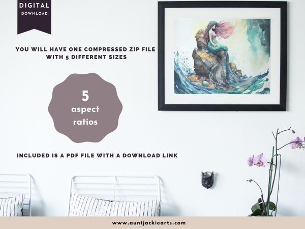 Digital WALL ART - Pretty Watercolor Mermaid on a Rock in the Ocean - pdf, jpg - 5 Aspect Ratios / Sizes - Bonuses - Image 4