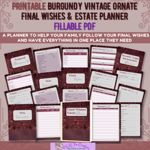 Fillable PDF Printable Burgundy Vintage Ornate Final Wishes Estate Planner