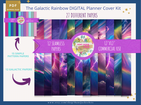 DIGITAL Planner COVER KIT Bundle | Galactic Rainbow Collection: 10 Designs - Covers, Papers, Coils, Buttons, Clasps, Mix & Match Commercial - Image 6